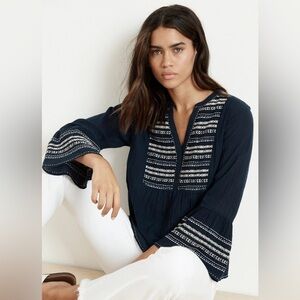 Velvet Zaley Peasant Navy Blue Embroidered Blouse, Bell Sleeve, V Neck, Size XS